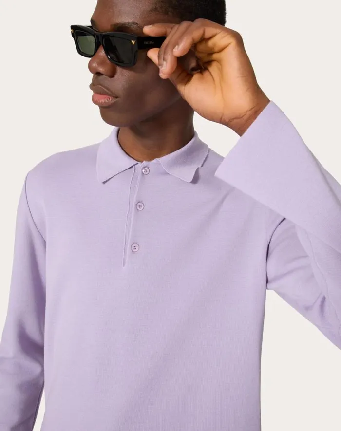 Valentino Knitwear Man Longsleeve Wool Polo Shirt With Vlogo Signature Embroidery For Man In Dark Grey Dark Grey