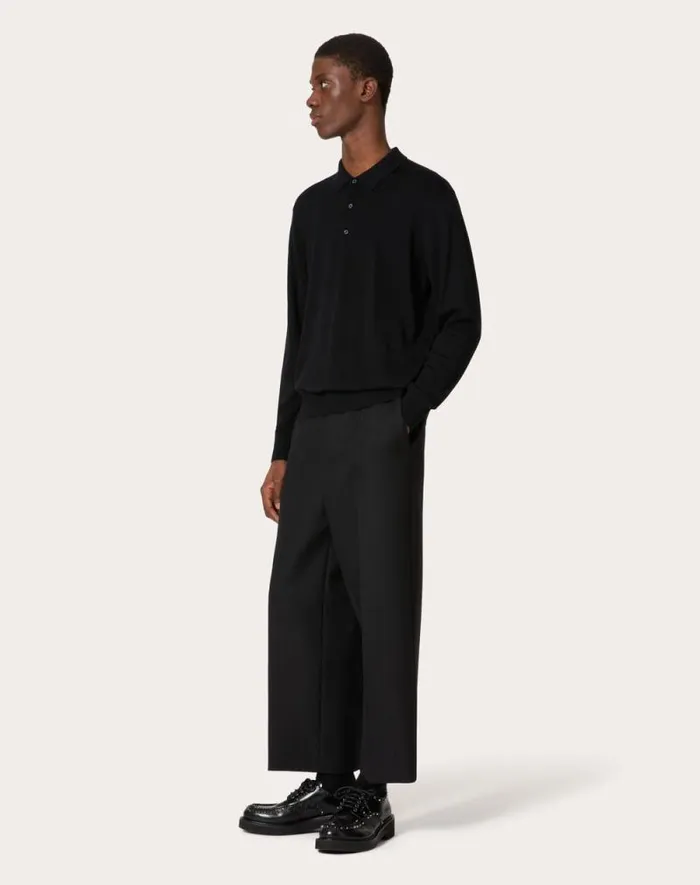 Valentino Knitwear Man Longsleeve Wool Polo Shirt With Vlogo Signature Embroidery For Man In Dark Grey Dark Grey