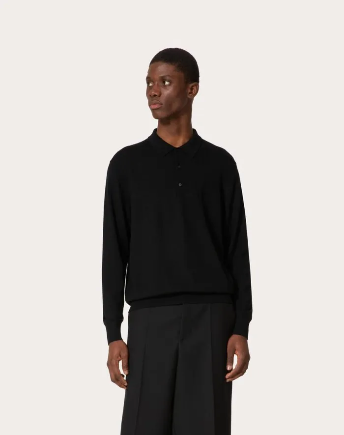 Valentino Knitwear Man Longsleeve Wool Polo Shirt With Vlogo Signature Embroidery For Man In Dark Grey Dark Grey