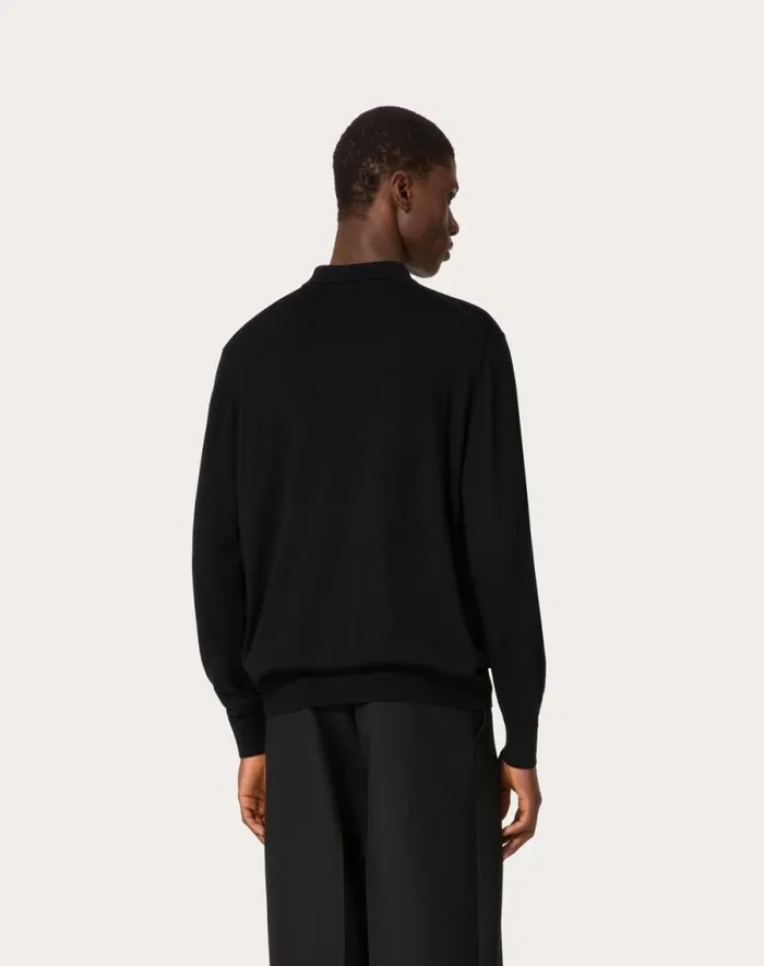 Valentino Knitwear Man Longsleeve Wool Polo Shirt With Vlogo Signature Embroidery For Man In Dark Grey Dark Grey