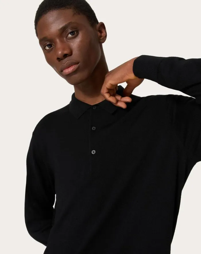 Valentino Knitwear Man Longsleeve Wool Polo Shirt With Vlogo Signature Embroidery For Man In Dark Grey Dark Grey