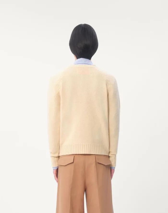 Valentino Knitwear Man Shetland Wool Crewneck Sweater With Vlogo Embroidery For Man In Butter Butter Valentino Knitwear Man Shetland Wool Crewneck Sweater With Vlogo Embroidery For Man In Butter Butter