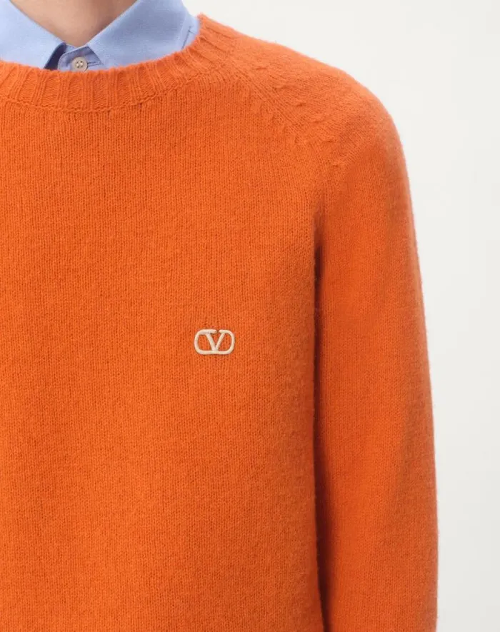 Valentino Knitwear Man Shetland Wool Crewneck Sweater With Vlogo Embroidery For Man In Butter Butter Valentino Knitwear Man Shetland Wool Crewneck Sweater With Vlogo Embroidery For Man In Butter Butter