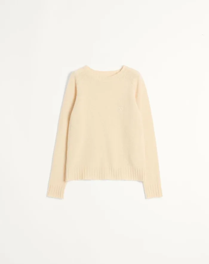 Valentino Knitwear Man Shetland Wool Crewneck Sweater With Vlogo Embroidery For Man In Butter Butter Valentino Knitwear Man Shetland Wool Crewneck Sweater With Vlogo Embroidery For Man In Butter Butter