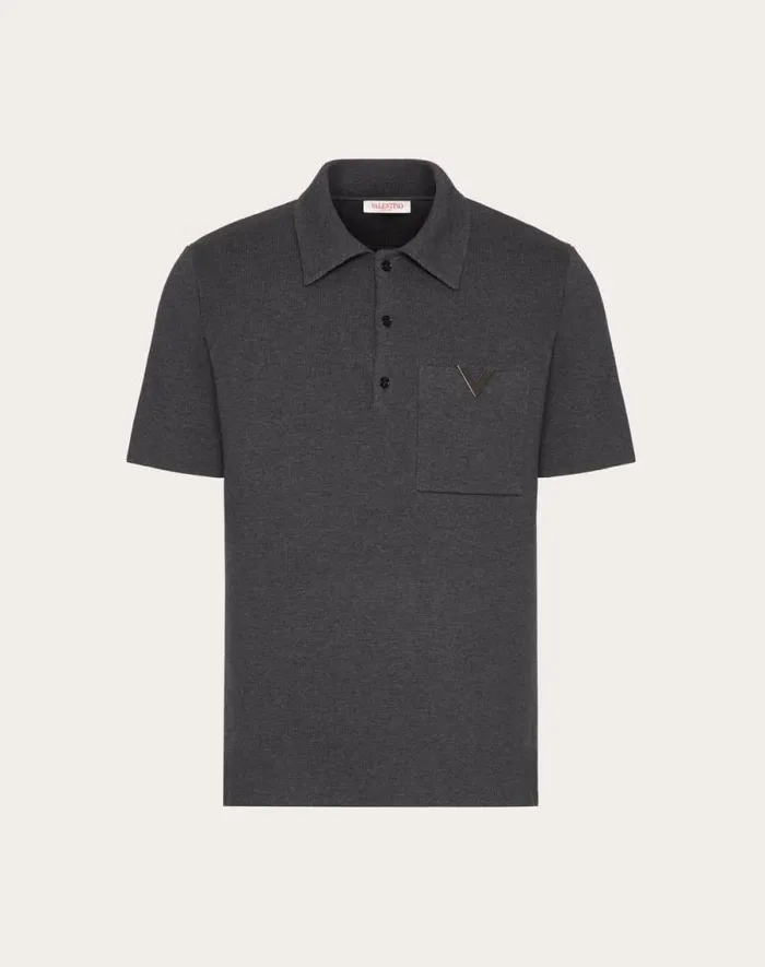 Valentino Knitwear Man Stretch Cotton Polo Shirt With Metallic V Detail For Man In Grey Grey Valentino Knitwear Man Stretch Cotton Polo Shirt With Metallic V Detail For Man In Grey Grey