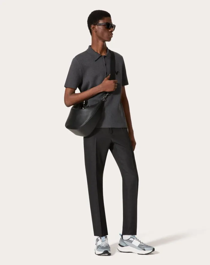 Valentino Knitwear Man Stretch Cotton Polo Shirt With Metallic V Detail For Man In Grey Grey Valentino Knitwear Man Stretch Cotton Polo Shirt With Metallic V Detail For Man In Grey Grey