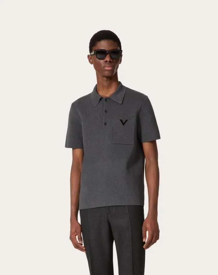 Valentino Knitwear Man Stretch Cotton Polo Shirt With Metallic V Detail For Man In Grey Grey Valentino Knitwear Man Stretch Cotton Polo Shirt With Metallic V Detail For Man In Grey Grey