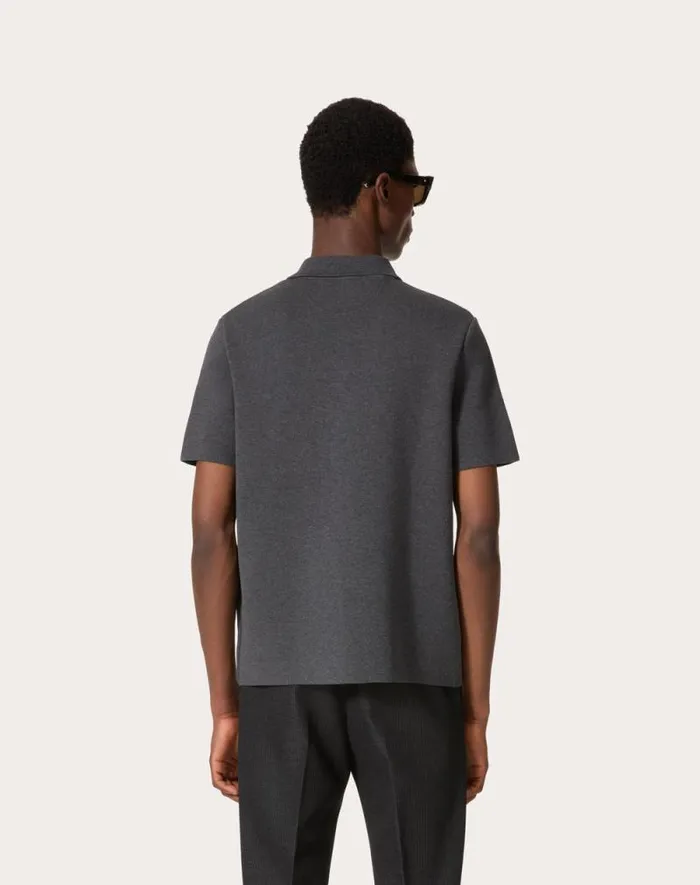 Valentino Knitwear Man Stretch Cotton Polo Shirt With Metallic V Detail For Man In Grey Grey Valentino Knitwear Man Stretch Cotton Polo Shirt With Metallic V Detail For Man In Grey Grey
