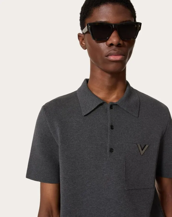Valentino Knitwear Man Stretch Cotton Polo Shirt With Metallic V Detail For Man In Grey Grey Valentino Knitwear Man Stretch Cotton Polo Shirt With Metallic V Detail For Man In Grey Grey