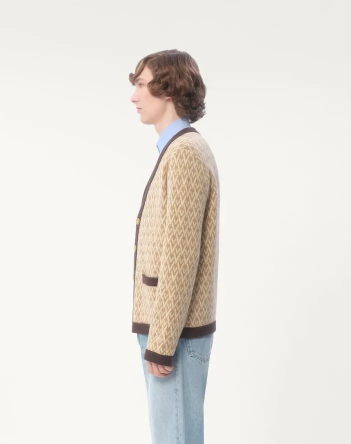 Valentino Knitwear Man Wool Cardigan With Toute La V Pattern For Man In Beigecream Beigecream Valentino Knitwear Man Wool Cardigan With Toute La V Pattern For Man In Beigecream Beigecream