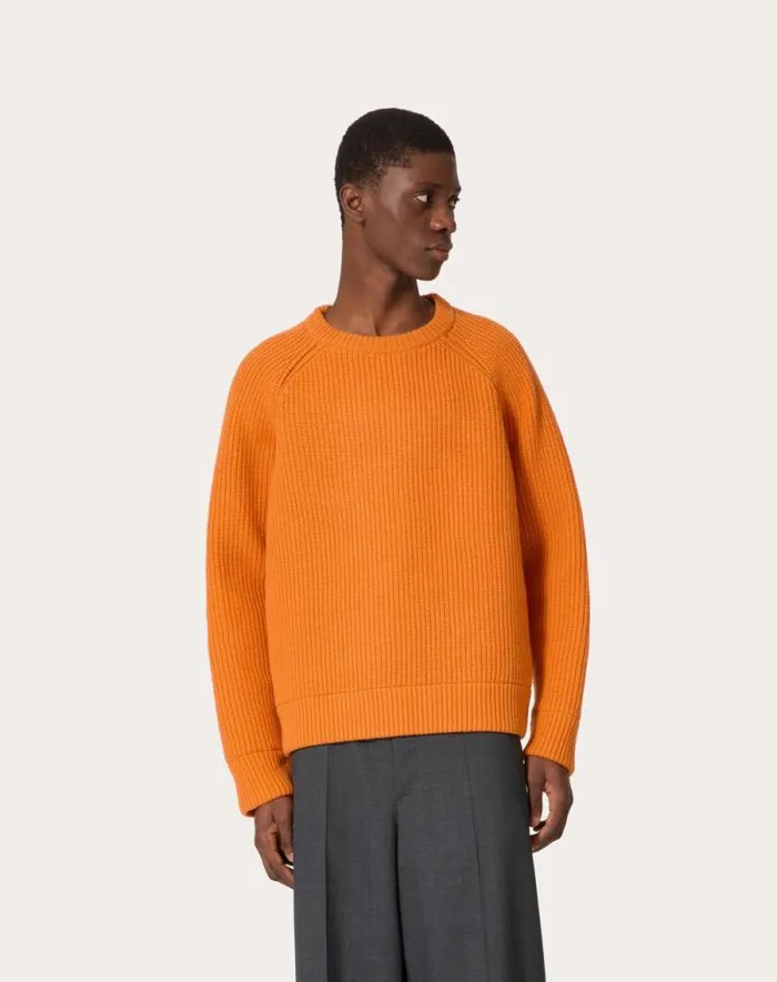 Valentino Knitwear Man Wool Crewneck Sweater For Man In Orange Orange Valentino Knitwear Man Wool Crewneck Sweater For Man In Orange Orange