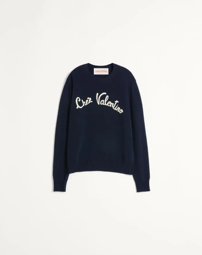 Valentino Knitwear Man Wool Crewneck Sweater With Chez Valentino Embroidery For Man In Indigo Indigo Valentino Knitwear Man Wool Crewneck Sweater With Chez Valentino Embroidery For Man In Indigo Indigo