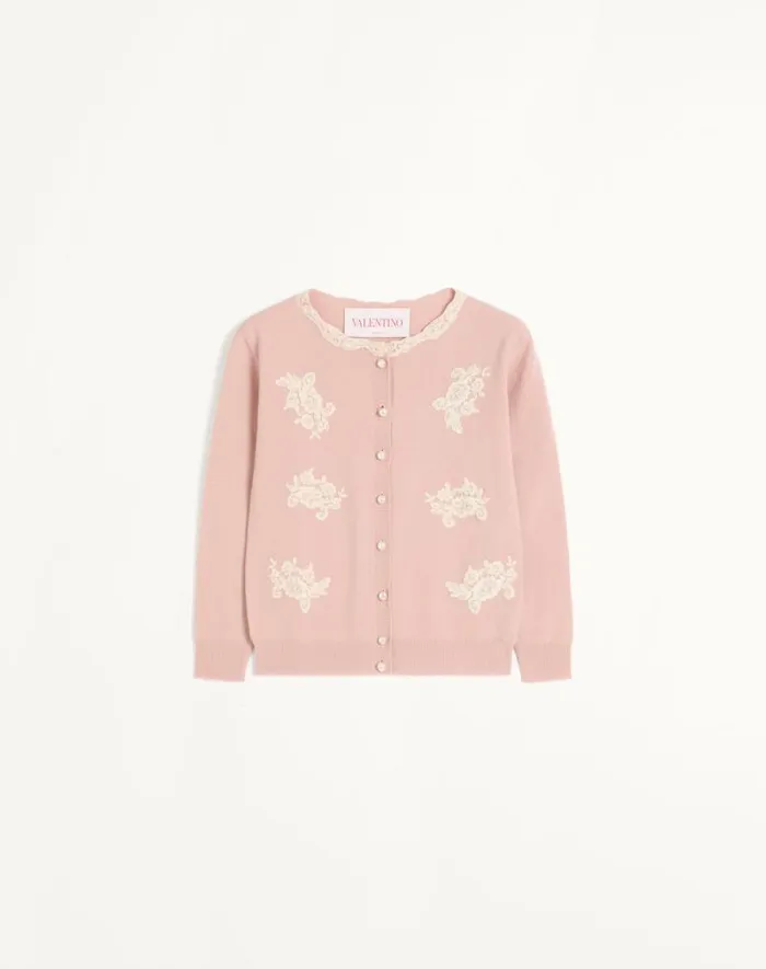 Valentino Knitwear Woman Embroidered Wool And Lace Cardigan For Woman In Ivorypink Ivorypink Valentino Knitwear Woman Embroidered Wool And Lace Cardigan For Woman In Ivorypink Ivorypink