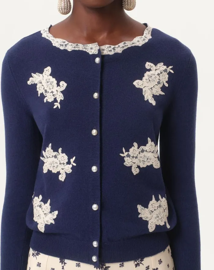 Valentino Knitwear Woman Embroidered Wool And Lace Cardigan For Woman In Ivorypink Ivorypink Valentino Knitwear Woman Embroidered Wool And Lace Cardigan For Woman In Ivorypink Ivorypink