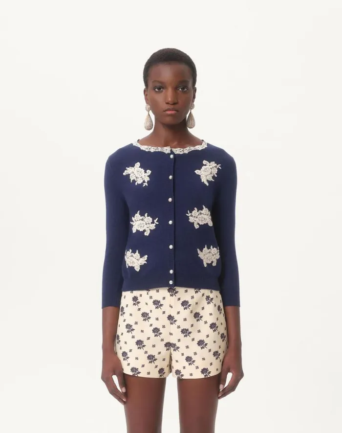 Valentino Knitwear Woman Embroidered Wool And Lace Cardigan For Woman In Ivorypink Ivorypink Valentino Knitwear Woman Embroidered Wool And Lace Cardigan For Woman In Ivorypink Ivorypink