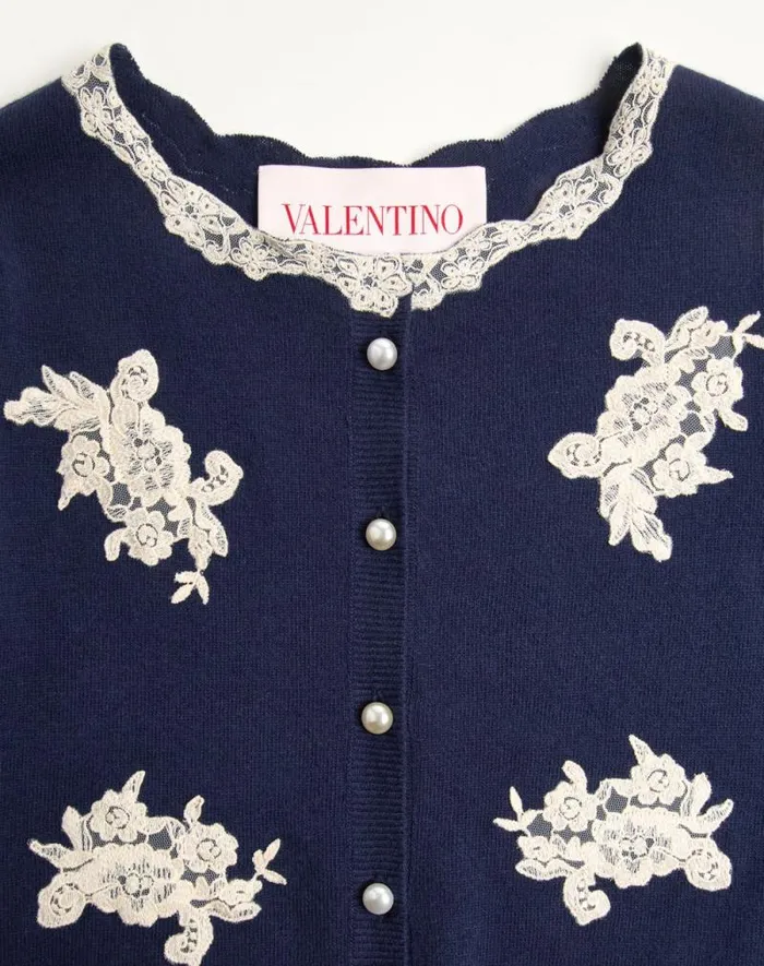 Valentino Knitwear Woman Embroidered Wool And Lace Cardigan For Woman In Ivorypink Ivorypink Valentino Knitwear Woman Embroidered Wool And Lace Cardigan For Woman In Ivorypink Ivorypink