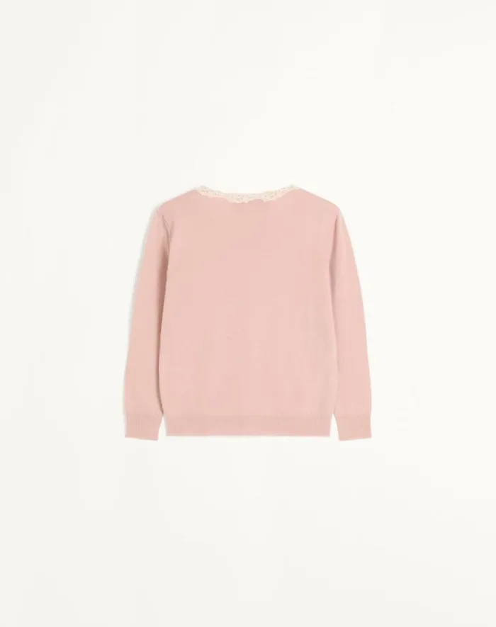 Valentino Knitwear Woman Embroidered Wool And Lace Cardigan For Woman In Ivorypink Ivorypink Valentino Knitwear Woman Embroidered Wool And Lace Cardigan For Woman In Ivorypink Ivorypink