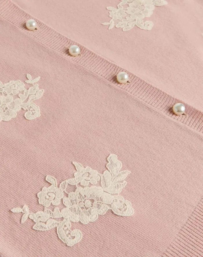 Valentino Knitwear Woman Embroidered Wool And Lace Cardigan For Woman In Ivorypink Ivorypink Valentino Knitwear Woman Embroidered Wool And Lace Cardigan For Woman In Ivorypink Ivorypink