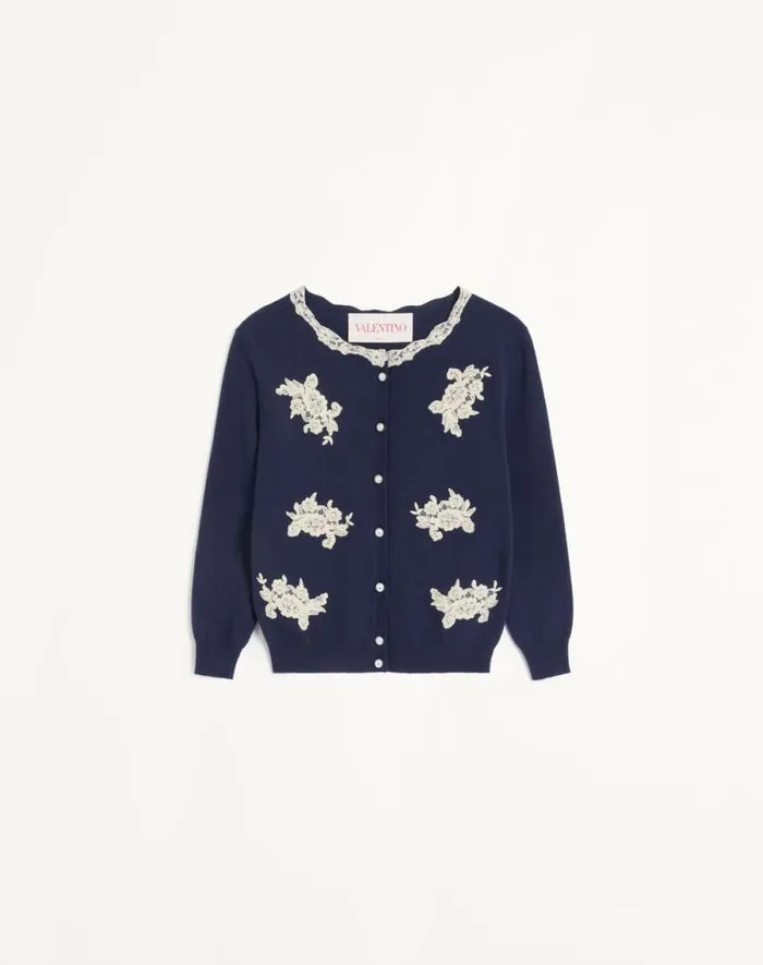 Valentino Knitwear Woman Embroidered Wool And Lace Cardigan For Woman In Ivorypink Ivorypink Valentino Knitwear Woman Embroidered Wool And Lace Cardigan For Woman In Ivorypink Ivorypink