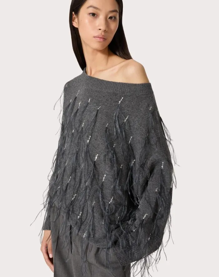 Valentino Knitwear Woman Embroidered Wool Sweater With Feathers For Woman In Dark Grey Dark Grey Valentino Knitwear Woman Embroidered Wool Sweater With Feathers For Woman In Dark Grey Dark Grey