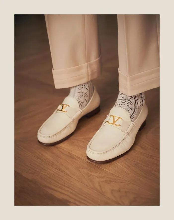 Valentino Laceups And Loafers Man Vlogo Signature Kidskin Moccasin For Man In Ivory Ivory