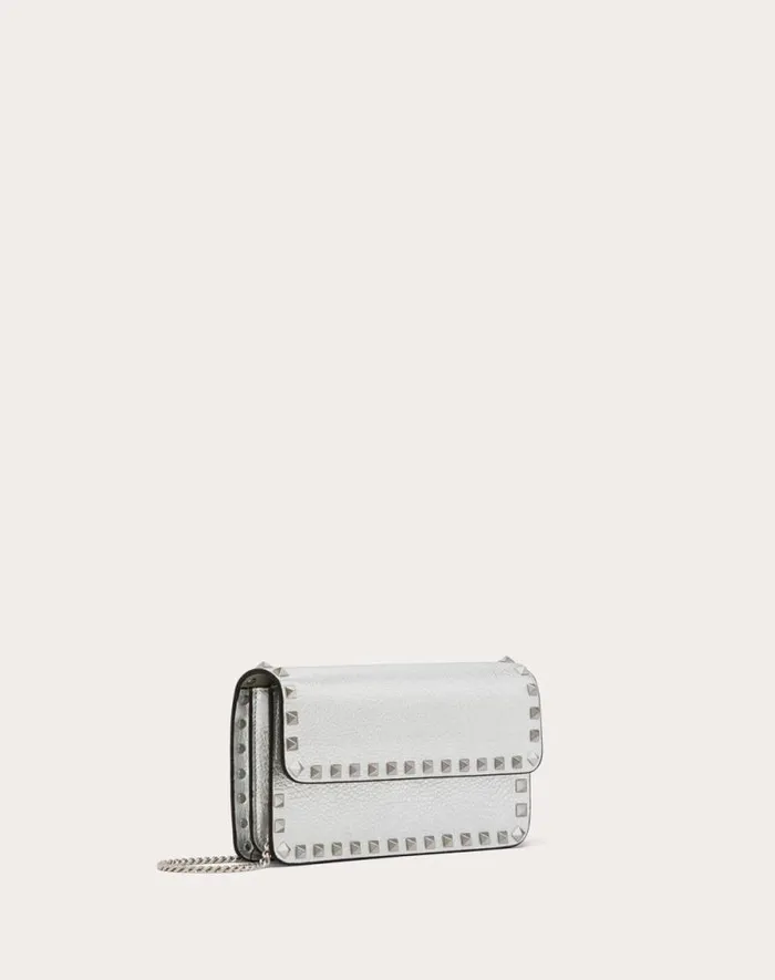 Valentino Mini Bags Woman Rockstud Metallic Grainy Calfskin Wallet With Chain For Woman In Silver Silver