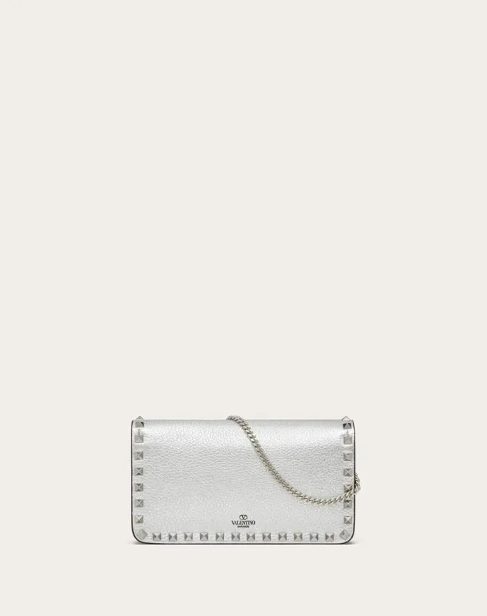 Valentino Mini Bags Woman Rockstud Metallic Grainy Calfskin Wallet With Chain For Woman In Silver Silver