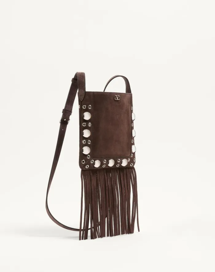 Valentino Mini Bags Woman Valentino Garavani Nellcte Small Shoulder Bag In Suede With Fringes For Woman In Testa Di Moro Testa Di Moro