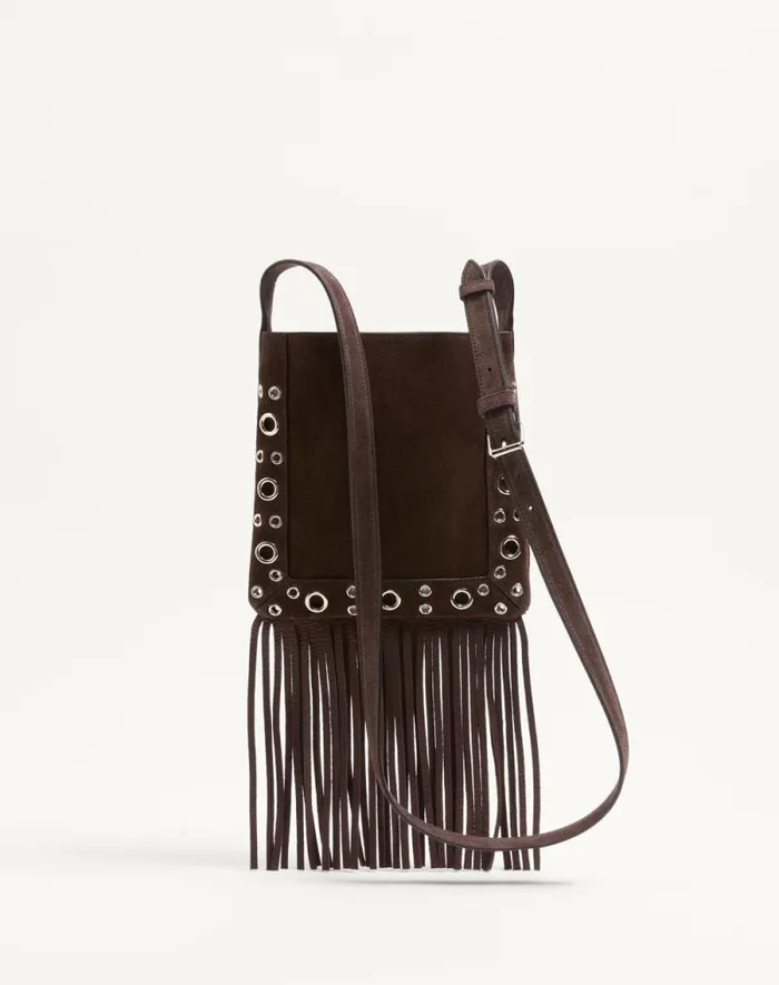 Valentino Mini Bags Woman Valentino Garavani Nellcte Small Shoulder Bag In Suede With Fringes For Woman In Testa Di Moro Testa Di Moro