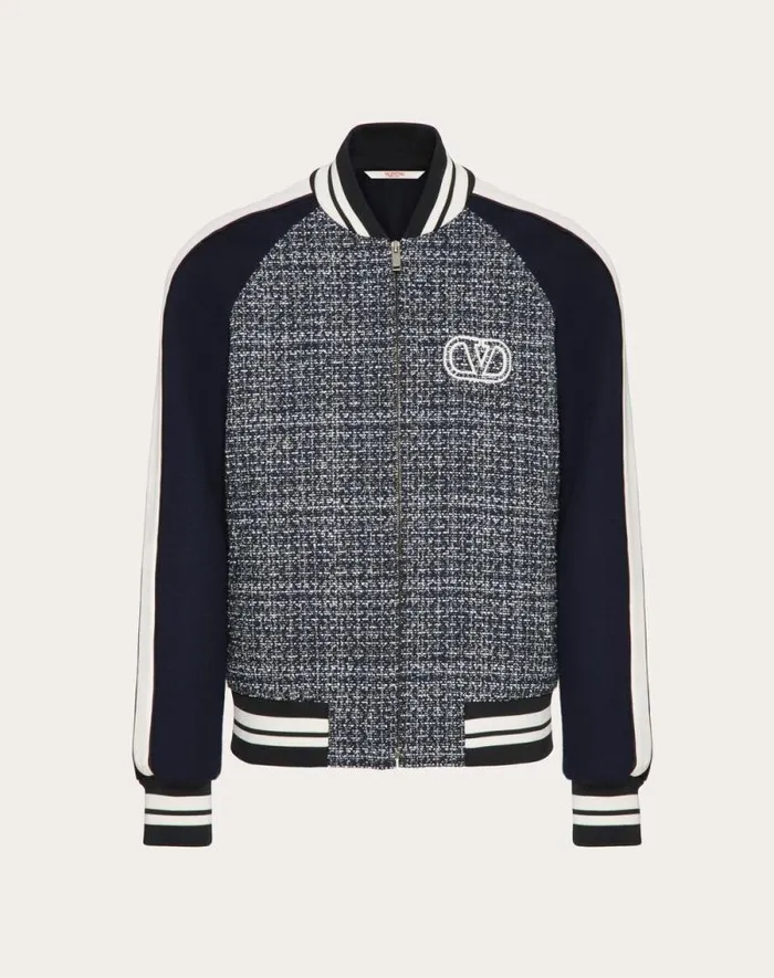 Valentino Outerwear Man Cotton And Viscose Tweed Bomber Jacket With Vlogo Signature Patch For Man In Whitenavy Whitenavy Valentino Outerwear Man Cotton And Viscose Tweed Bomber Jacket With Vlogo Signature Patch For Man In Whitenavy Whitenavy