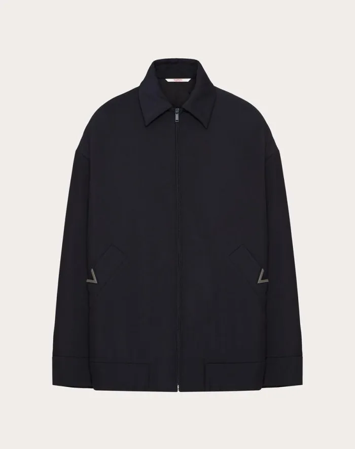 Valentino Outerwear Man Mohair Wool Pea Coat With V Detail For Man In Navy Navy