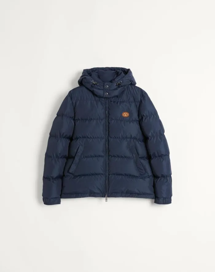 Valentino Outerwear Man Nylon Hooded Down Jacket With Vlogo Patch For Man In Blue Blue