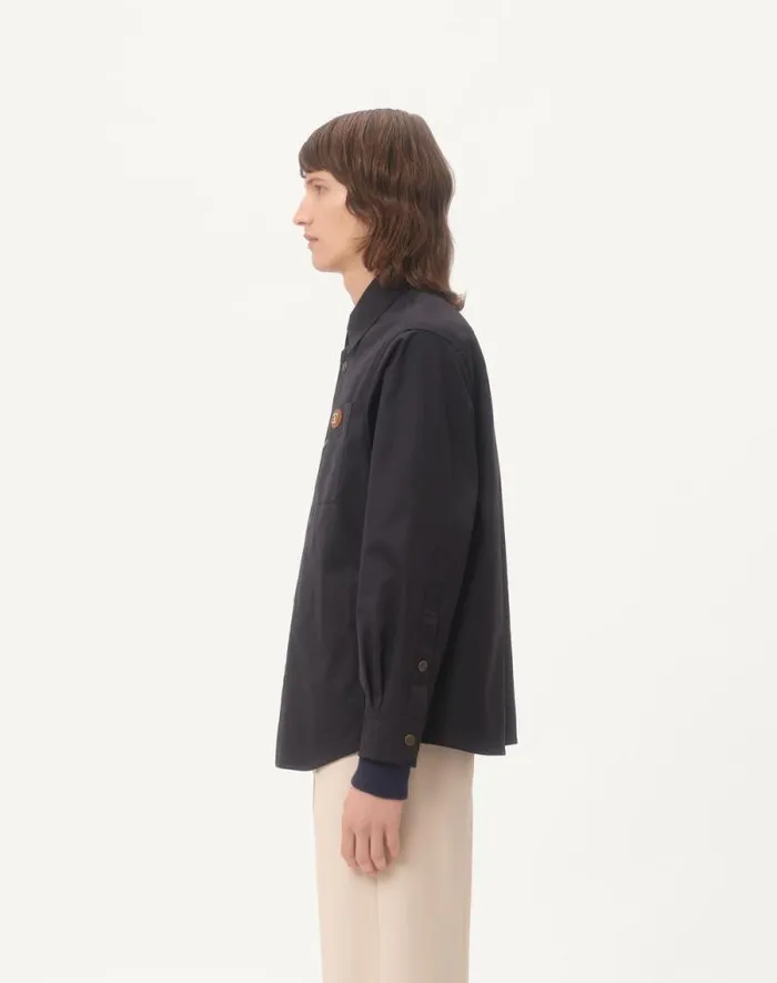 Valentino Outerwear Man Nylon Shirt Jacket With Rubberized V Detail For Man In Navy Navy Valentino Outerwear Man Nylon Shirt Jacket With Rubberized V Detail For Man In Navy Navy