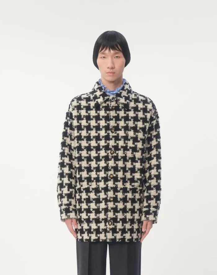 Valentino Outerwear Man Wool Shirt Jacket With Pied De Coque Pattern For Man In Ivoryblack Ivoryblack Valentino Outerwear Man Wool Shirt Jacket With Pied De Coque Pattern For Man In Ivoryblack Ivoryblack