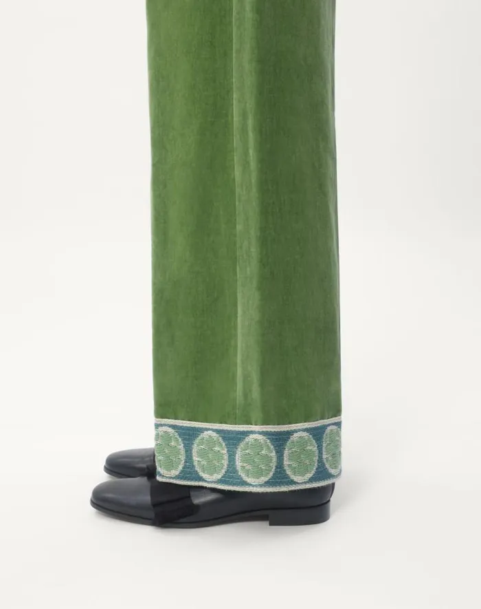 Valentino Pants And Shorts Man Washed Cottonlinen Velvet Pants With Jacquard Hems For Man In Laurel Laurel Valentino Pants And Shorts Man Washed Cottonlinen Velvet Pants With Jacquard Hems For Man In Laurel Laurel
