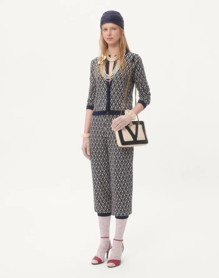 Valentino Pants And Shorts Woman Toute La V Jacquard Wool Knit Pants For Woman In Creamnavy Creamnavy