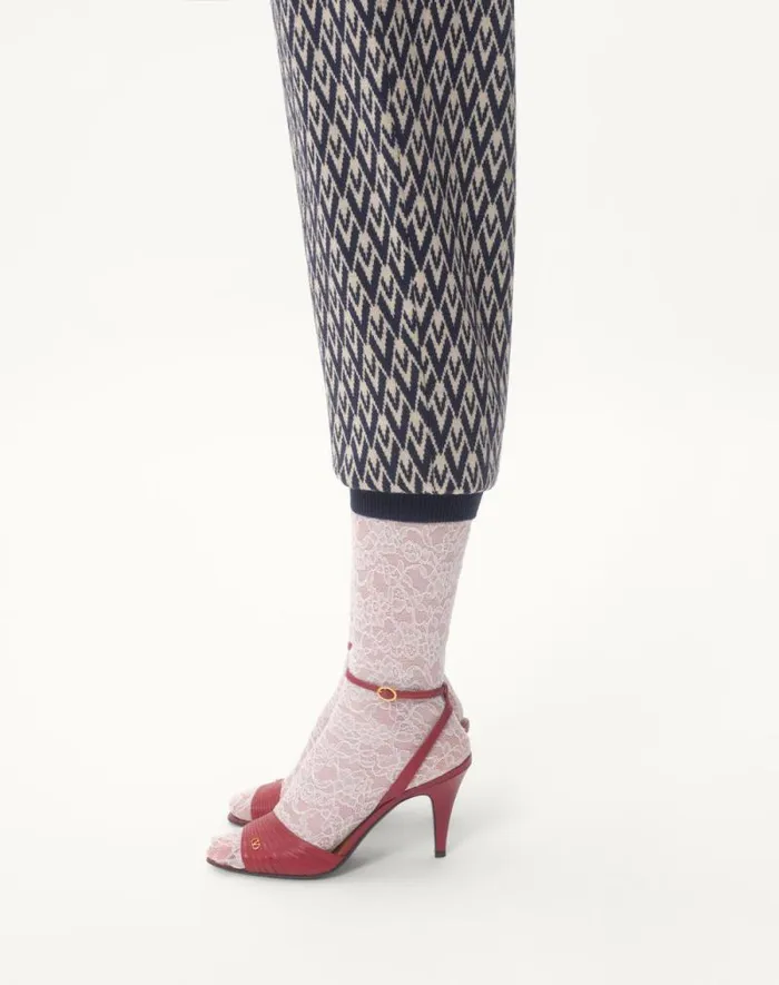 Valentino Pants And Shorts Woman Toute La V Jacquard Wool Knit Pants For Woman In Creamnavy Creamnavy