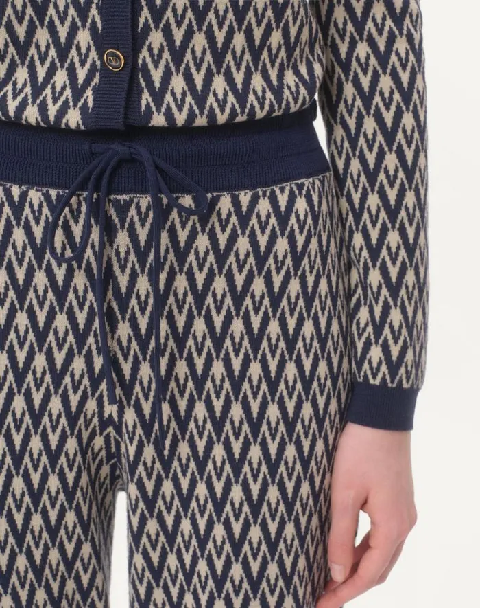 Valentino Pants And Shorts Woman Toute La V Jacquard Wool Knit Pants For Woman In Creamnavy Creamnavy