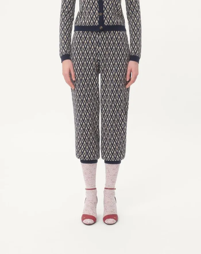 Valentino Pants And Shorts Woman Toute La V Jacquard Wool Knit Pants For Woman In Creamnavy Creamnavy