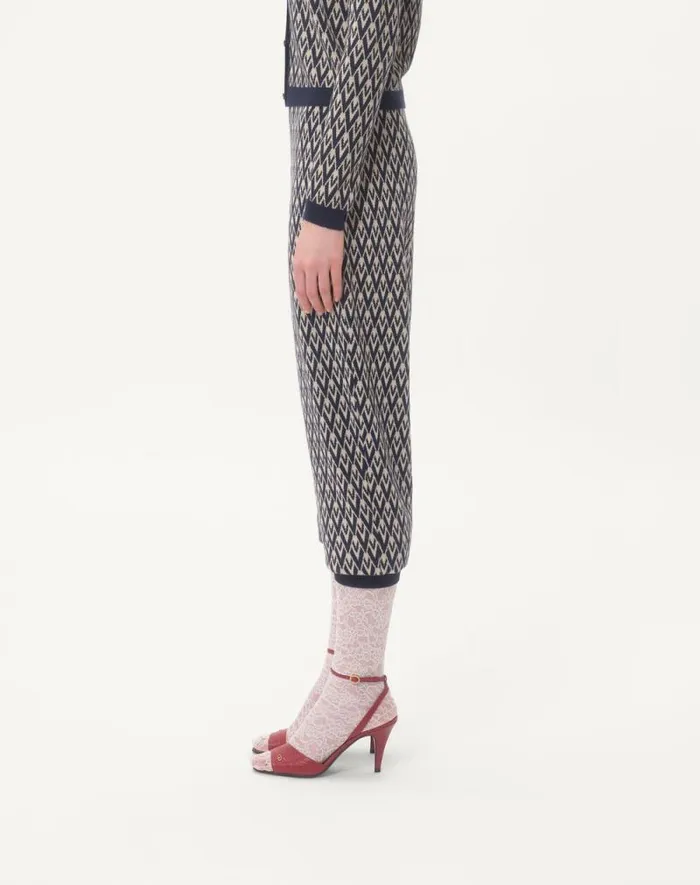 Valentino Pants And Shorts Woman Toute La V Jacquard Wool Knit Pants For Woman In Creamnavy Creamnavy
