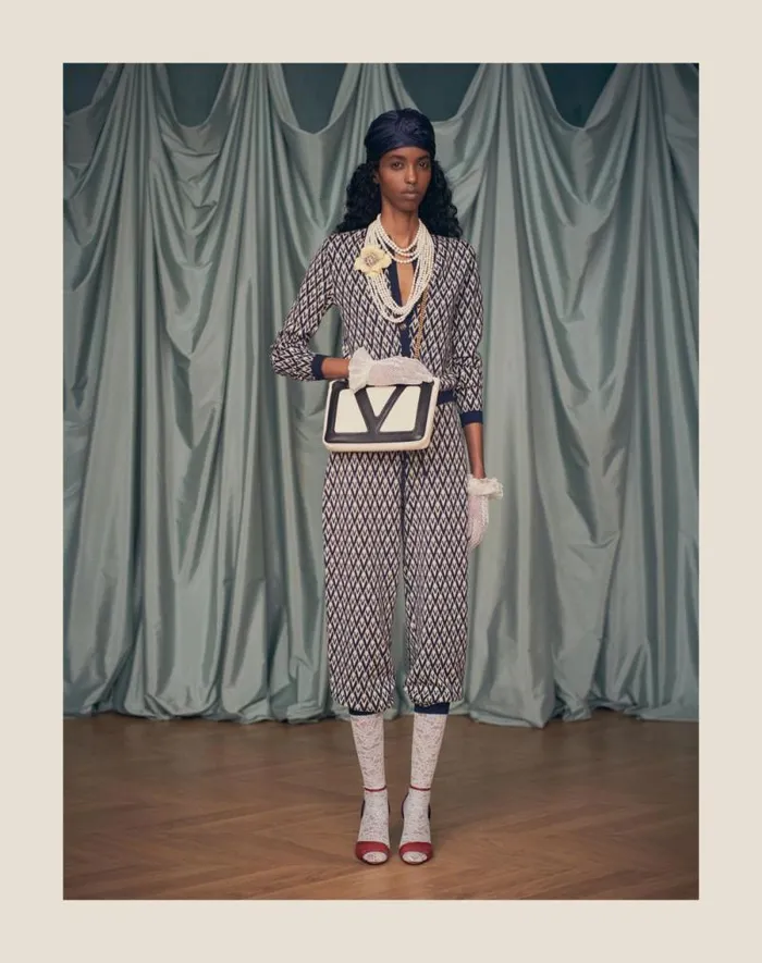 Valentino Pants And Shorts Woman Toute La V Jacquard Wool Knit Pants For Woman In Creamnavy Creamnavy