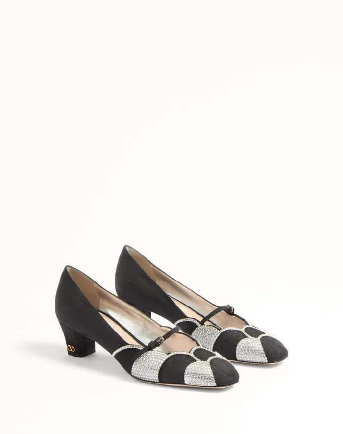 Valentino Pumps Woman Bowow Pumps In Moir Fabric With Crystals 45mm For Woman In Blacksilver Blacksilver Valentino Pumps Woman Bowow Pumps In Moir Fabric With Crystals 45mm For Woman In Blacksilver Blacksilver