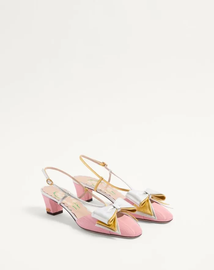 Valentino Pumps Woman Bowow Slingback Pumps In Moir Fabric 45mm For Woman In Blacksilver Blacksilver