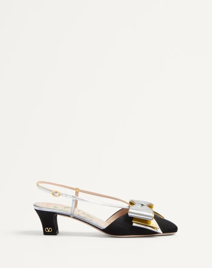 Valentino Pumps Woman Bowow Slingback Pumps In Moir Fabric 45mm For Woman In Blacksilver Blacksilver
