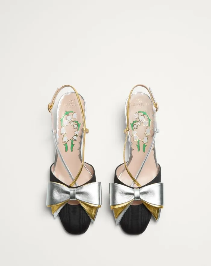 Valentino Pumps Woman Bowow Slingback Pumps In Moir Fabric 45mm For Woman In Blacksilver Blacksilver