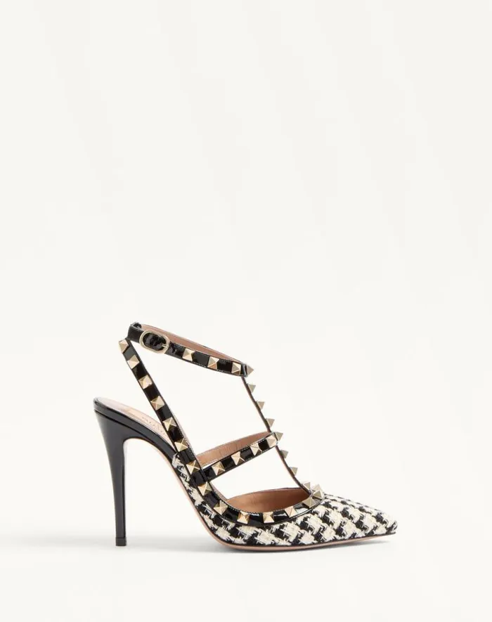 Valentino Pumps Woman Rockstud Pump In Pieddepoule Fabric 100mm For Woman In Ivoryblack Ivoryblack Valentino Pumps Woman Rockstud Pump In Pieddepoule Fabric 100mm For Woman In Ivoryblack Ivoryblack