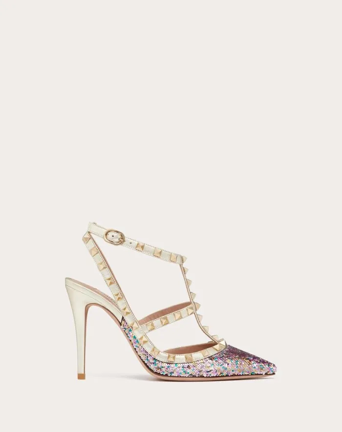 Valentino Pumps Woman Rockstud Pump With Sequin Embroidery And Straps 100mm For Woman In Multicolorplatinum Multicolorplatinum Valentino Pumps Woman Rockstud Pump With Sequin Embroidery And Straps 100mm For Woman In Multicolorplatinum Multicolorplatinum