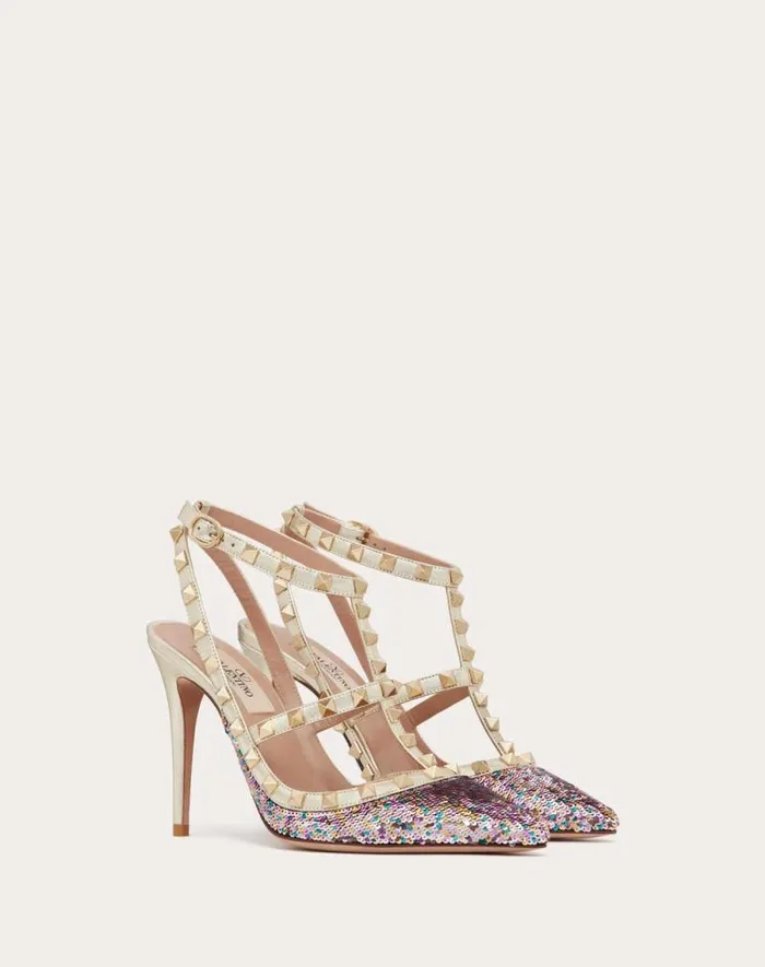 Valentino Pumps Woman Rockstud Pump With Sequin Embroidery And Straps 100mm For Woman In Multicolorplatinum Multicolorplatinum Valentino Pumps Woman Rockstud Pump With Sequin Embroidery And Straps 100mm For Woman In Multicolorplatinum Multicolorplatinum