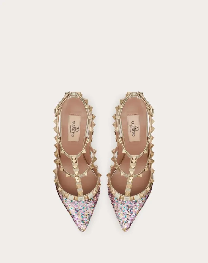 Valentino Pumps Woman Rockstud Pump With Sequin Embroidery And Straps 100mm For Woman In Multicolorplatinum Multicolorplatinum Valentino Pumps Woman Rockstud Pump With Sequin Embroidery And Straps 100mm For Woman In Multicolorplatinum Multicolorplatinum