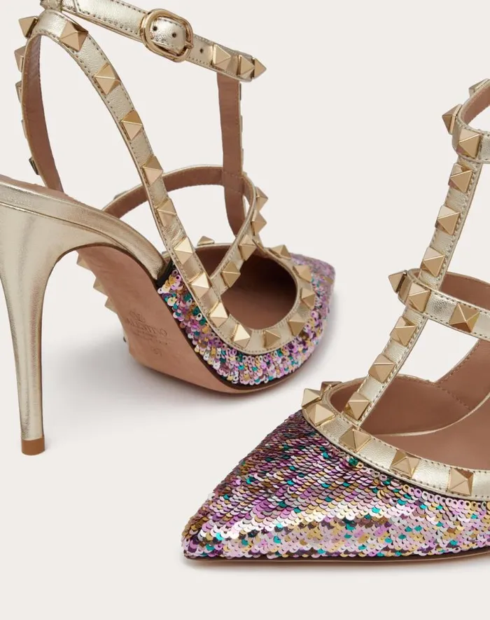 Valentino Pumps Woman Rockstud Pump With Sequin Embroidery And Straps 100mm For Woman In Multicolorplatinum Multicolorplatinum Valentino Pumps Woman Rockstud Pump With Sequin Embroidery And Straps 100mm For Woman In Multicolorplatinum Multicolorplatinum